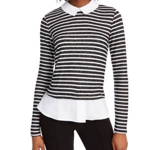 NWT MAISON JULES Black & White Striped Long Sleeve Collared Top Size: S